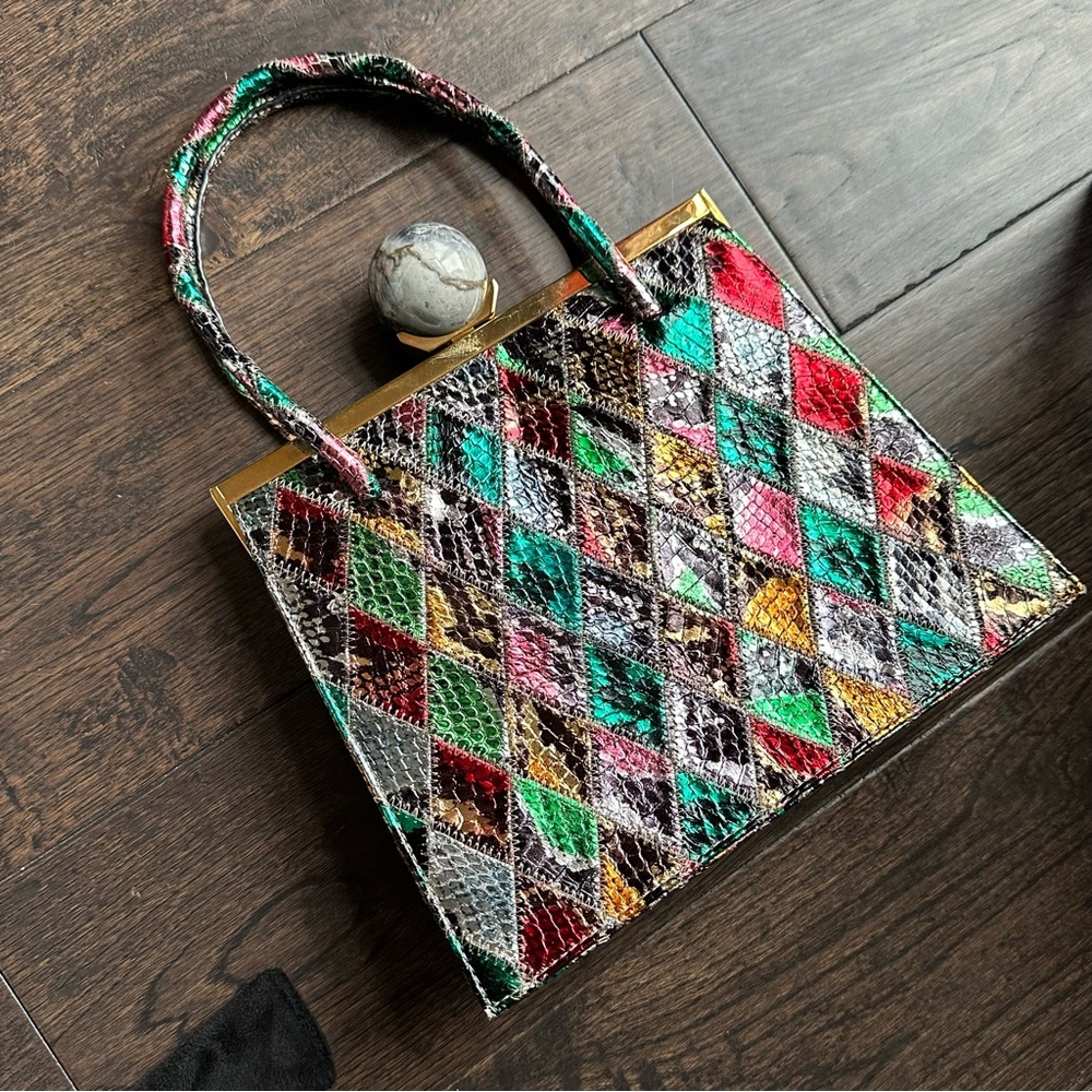 Marie Laure Rectangle Frame Bag Multicolored Patch Chamorel Python Handbag RARE